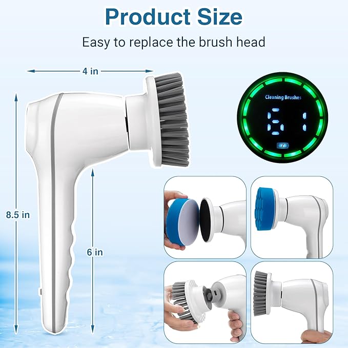 Electric Spin Scrubber, Cordless Shower Scrubber Handheld Electric Spin Scrubber for Cleaning with Display IPX7 Waterproof, Electric Cleaning Brush with 7 Replaceable Heads for Kitchen Tub Tile Sink