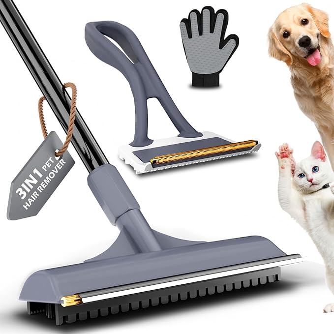 Carpet Rake for Pet Hair Removal - 3 in 1 Pet Hair Remover Tool with 58" Adjustable Long Handle,Reusable Dog & Cat Carpet Scraper,Pet Hair Remover for Rugs,Mats,Couch,Curtains(Gray)
