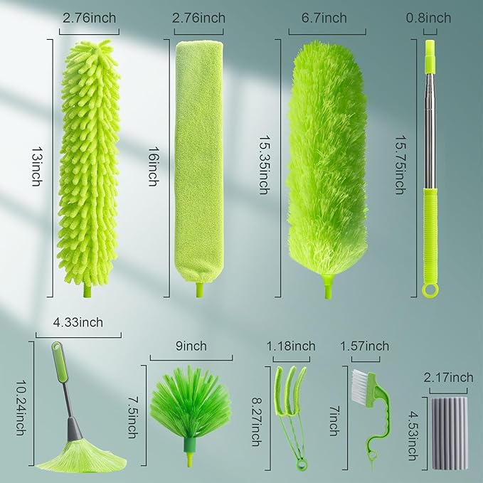 Microfiber Feather Duster with Extension Pole, Bendable Reusable Washable Dusters for Cleaning High Ceiling Fan, Cobweb, Blinds, Keyboard, Furniture & Cars, Duster Kit with Storage Bag (11 PCS)