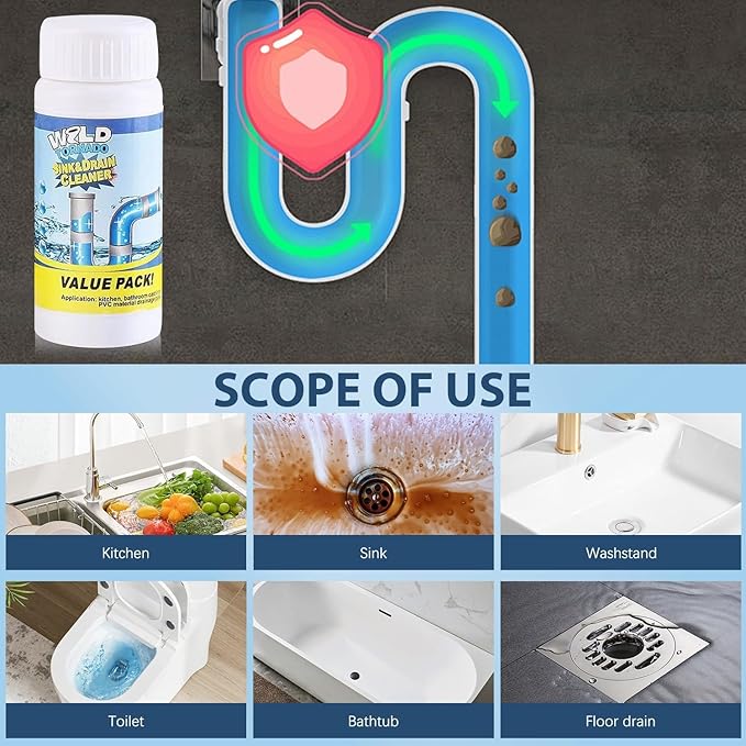 Wild Tornado Powerful Pipe Dredging Agent, Wild Tornado Sink & Drain Cleaner Powder, Pipeline Dredging Agent for Kitchen & Bathroom Portable Powder Cleaning Tool (2PCS)