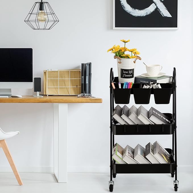 danpinera 3-Tier Rolling Cart, Metal Rolling Storage Cart with Lockable Wheels & Hanging Cups & Hooks, Mobile Trolley Cart for Kitchen, Bathroom, Office, Workshop, Black