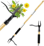 Weed Puller Tool, Stand Up Heavy Duty Weed Remover with Long Bamboo Handle, 4 Claw Steel Head Garden Weeding Tool, Crabgrass & Root Puller for Easy Lawn Weed Removal Without Bending or Kneeling.