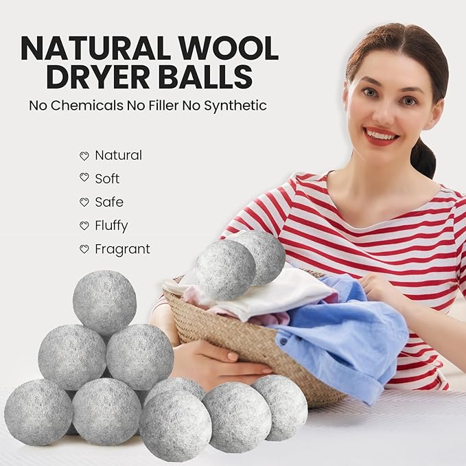 Kenning 26 Pieces Wool Dryer Balls Set, 24 Reusable Dryer Balls with 2 Muslin Bags Fabric Softener for Clothes Laundry Anti Wrinkle Anti Static Saving Energy and Time(Gray)