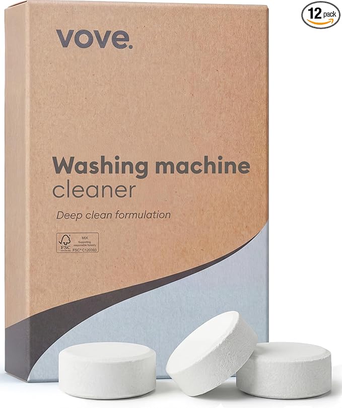 Vove Washing Machine Cleaner Tablets, 12 Count - Deep Clean Descaler for Odor, Residue and Hard Water - Enzyme and Oxygen-Powered Formula, Front Load and Top Load, FSC-Certified Kraft Packaging