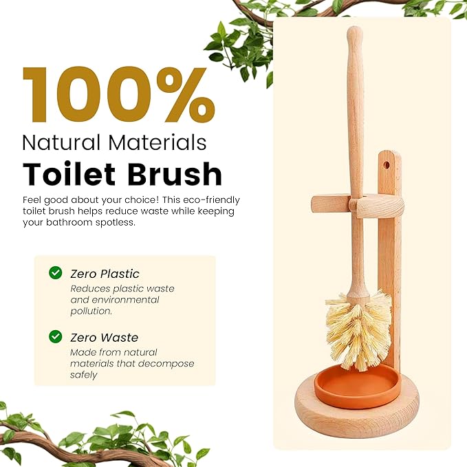 Toilet Bowl Cleaner Brush with Holder, 14 Inch Extra Long German Beechwood Handle, Strong Hemp Bristles, Ceramic Drip Tray, Biodegradable