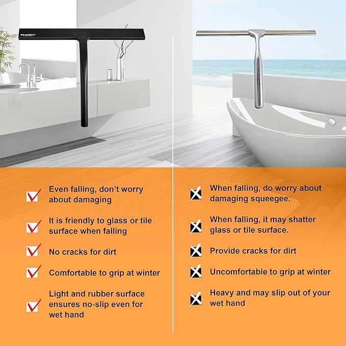 Shower Squeegee for Glass Doors 10" - All Purpose Squeegee for Window Bathroom Glass Mirror Bathroom Tile with Suction Cup Hooks - Black