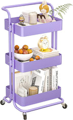 Metal Rolling Storage Cart, 3-Tier Utility Cart with Wheels, Multifunctional Organizer Storage for Kitchen, Bedroom, Office, Laundry Room, Dorm Room Essentials (Purple)