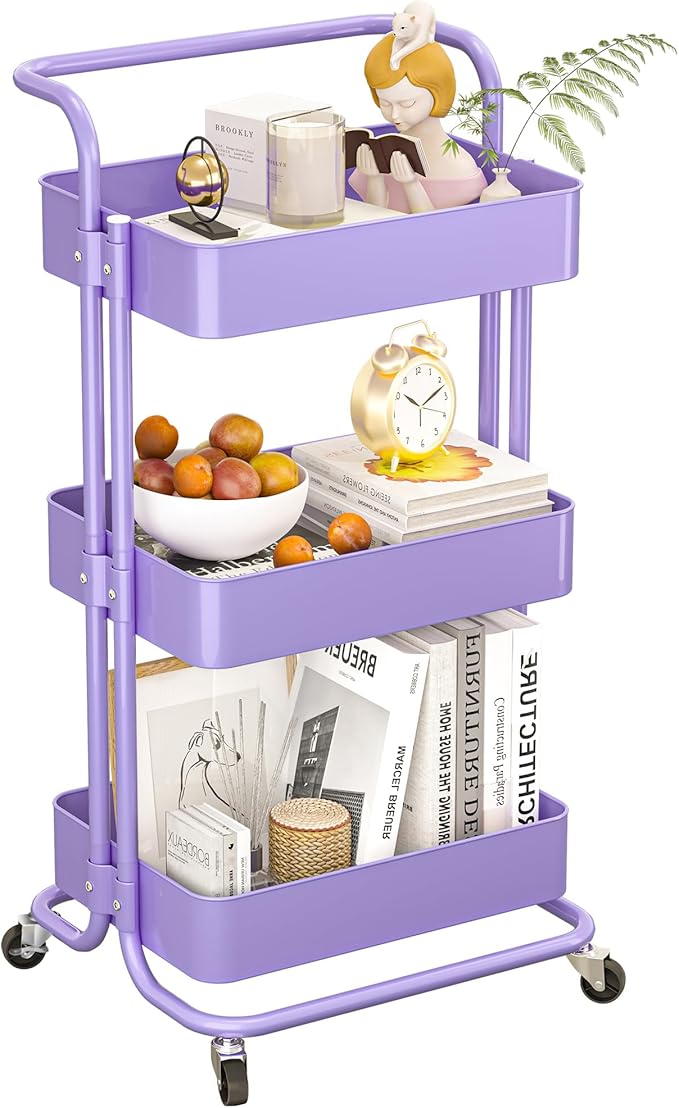 Metal Rolling Storage Cart, 3-Tier Utility Cart with Wheels, Multifunctional Organizer Storage for Kitchen, Bedroom, Office, Laundry Room, Dorm Room Essentials (Purple)