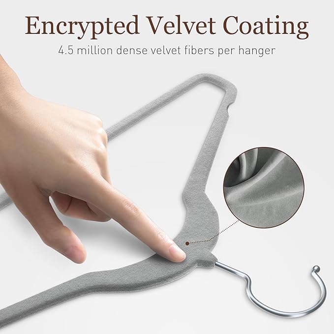 Velvet Hangers 100 Pack, Slim Non-Slip Clothes Hangers Space-Saving for Closet, Heavy Duty for Pants, Coats, Skirts, Jeans, Sweaters and More, Nylon-Flocked, Grey
