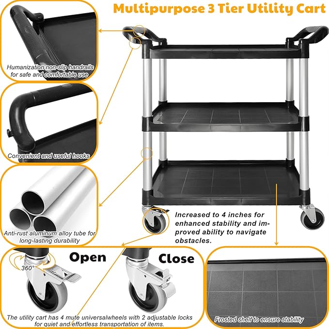 Utility Carts with Wheels, Large Size 3 Tier Rolling Cart with Lockable Wheels, Heavy Duty 600lbs Capacity Food Service Cart for Restaurant, Kitchen, Home, Warehouse, Office
