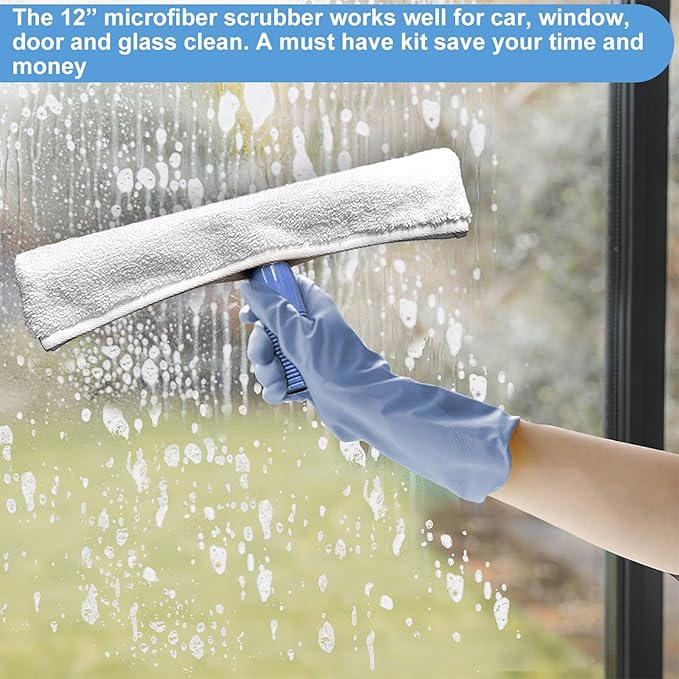 Window Squeegee Washing Kit for Shower Glass Door, Mirror and Window Cleaning, Extra 14'' Wide Squeegee and 2 Microfiber Scrubbers Included (Extension Pole not Included)