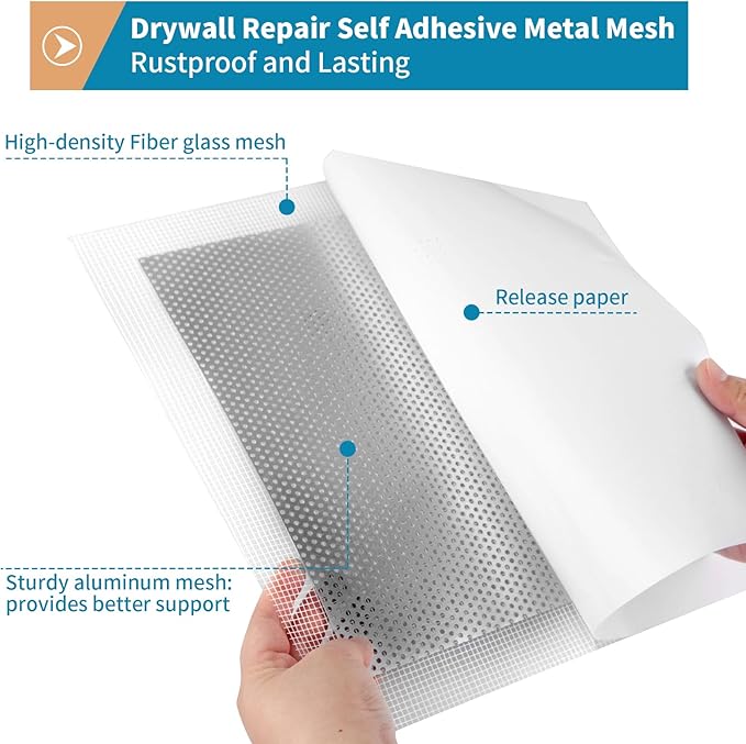 4 Pack Drywall Repair Self Adhesive Metal Mesh, 10" and 12" Large Wall Hole Patch Kit with Scraper and Sandpaper for Fixing Drywall, Plasterboard, Ceiling