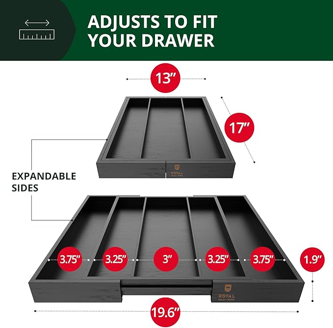 ROYAL CRAFT WOOD Luxury Bamboo Kitchen Drawer Organizer - Silverware Organizer - Utensil Holder and Cutlery Tray with Grooved Drawer Dividers for Flatware and Kitchen Utensils (5 Slot, Black)