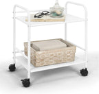 SunnyPoint 2-Tier Metal Rolling Utility Cart – Mobile Storage Shelf with Caster Wheels – Small Space Organizer for Home, Office, Bedroom, Kitchen (WHT)