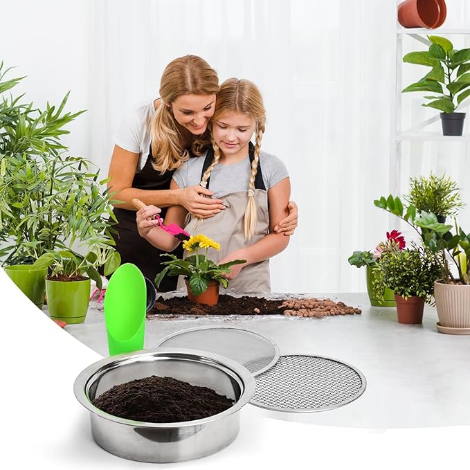 Soil Sieve Set Garden Soil Sifter Stainless Steel Mesh Sifter,Compost Sifter with 1,3,6,9,12mm Sieve Mesh and Bonsai Soil Scoop