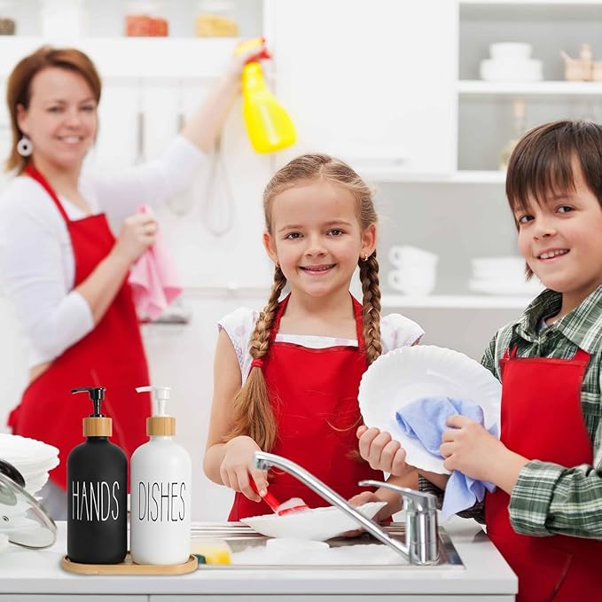 Matte Black Glass Soap Dispenser Set Hand and Dish Soap Dispensers Suitable for Rustic Kitchen Decor (Black)