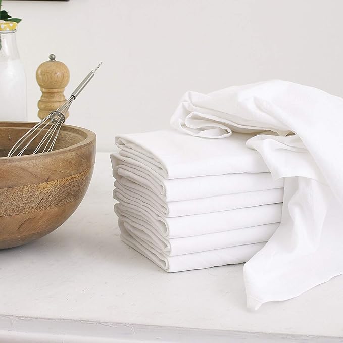 DG Collections 100% Cotton Flour Sack Towels – 7 Pack, 33x38 Inches, White, Lint-Free, Pre-Washed, Hemmed Edges – Reusable Kitchen Towels for Cleaning, Embroidery, Printing & Crafts - White