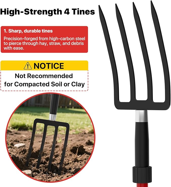 COSITA Pitch Fork for Garden, 44-Inches Pitchfork with Fiberglass Handle, Gardening Spading Fork with 4 Metal Tines, Heavy Duty Pitchfork for Manure, Mulch, Digging, Aeration, Red