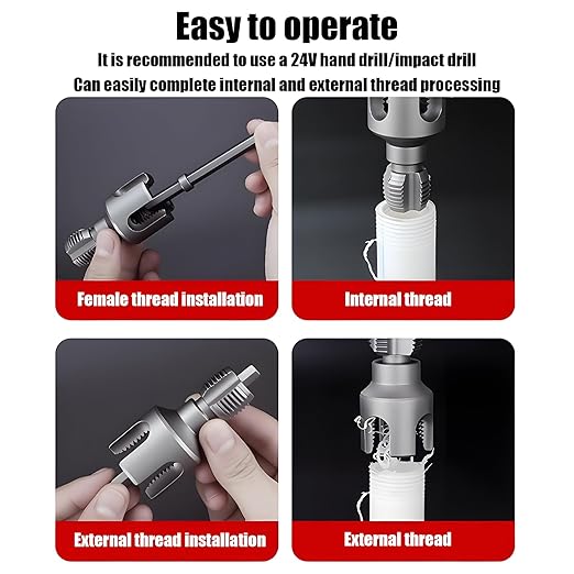 2025 New Dual-Function Pipe Thread Cutting Tool, Integrated Internal & External Pipe Threading Tool, Electric Drill Compatible PVC Pipe Threader Kit, 1/2" 、3/4" Dies, for Home Repair (1/2")