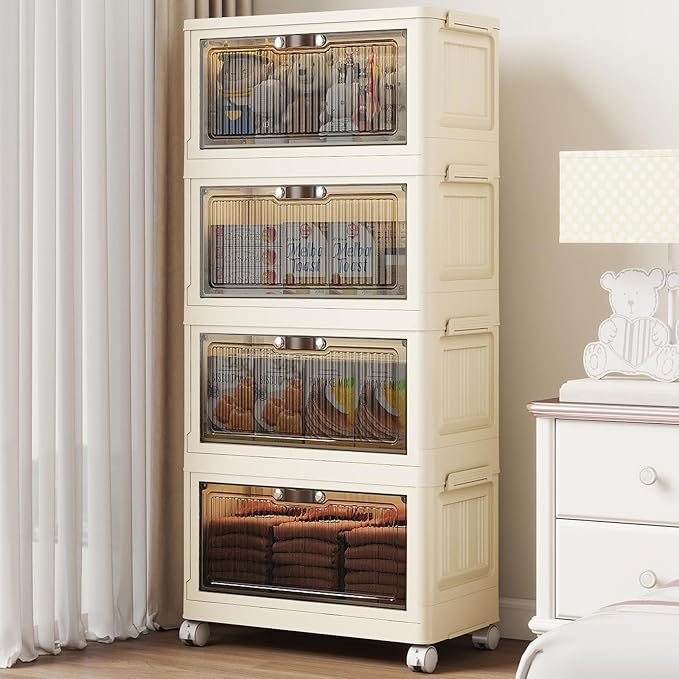 4 Tier - 48QT Storage Bins with Lids, Collapsible Storage Bins with Doors and Wheels, Plastic Storage Cabinet for Easy Storage and Organization for Living Room, Office