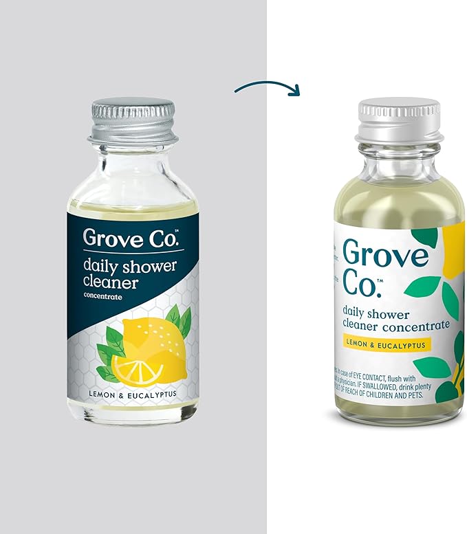 Grove Co. Daily Shower Cleaner, Refill Concentrate (2 x 1 Fl Oz) + 1 x Reusable Glass Spray Bottle (16 Oz), Plant-Based Cleaning Supplies, Reduced Plastic, Lemon & Eucalyptus Fragrance