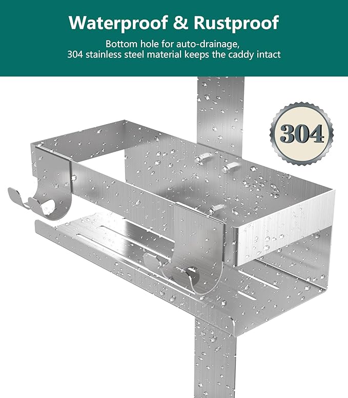 Over The Door Shower Caddy 2 Tier, 304 Stainless Steel Hanging Shower Caddy Rustproof Shower Shelves, No Drilling Hanging Shower Organizer for Bathroom Glass Door, Silver