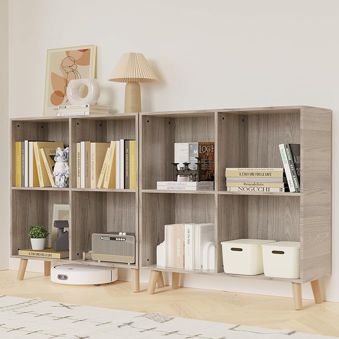 Lkeiyay Wooden 4 Cube Open Bookcase,2 Tier Mid-Century Bookshelf with Legs, Modern Storage Display Cabinet Organizer Bookshelves for Bedroom,Living Room,Office (Grey)