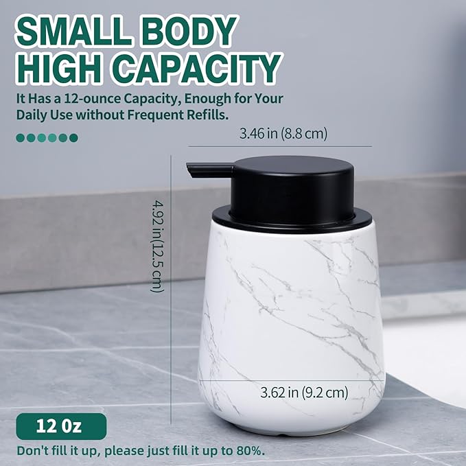 Bosilunlife Ceramic Foaming Soap Dispenser - 12 oz Marble Foam Hand Wash Dispenser Bathroom Countertop Soap Dispensers Kitchen Dish Soap Pump Dispenser Liquid Soap Dispenser for Bathroom