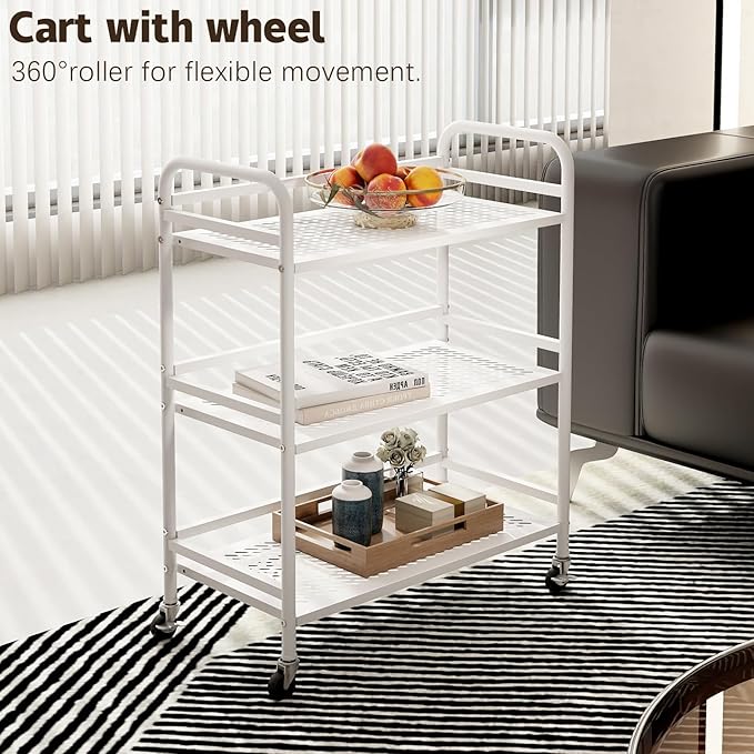 HDANI 3 Tier Metal Rolling Heavy Cart Supports 40 Lbs Per Tier,Rolling Cart with 2 Lockable Wheels for Office,Home,Bedroom,Kitchen,Bathroom(White)…