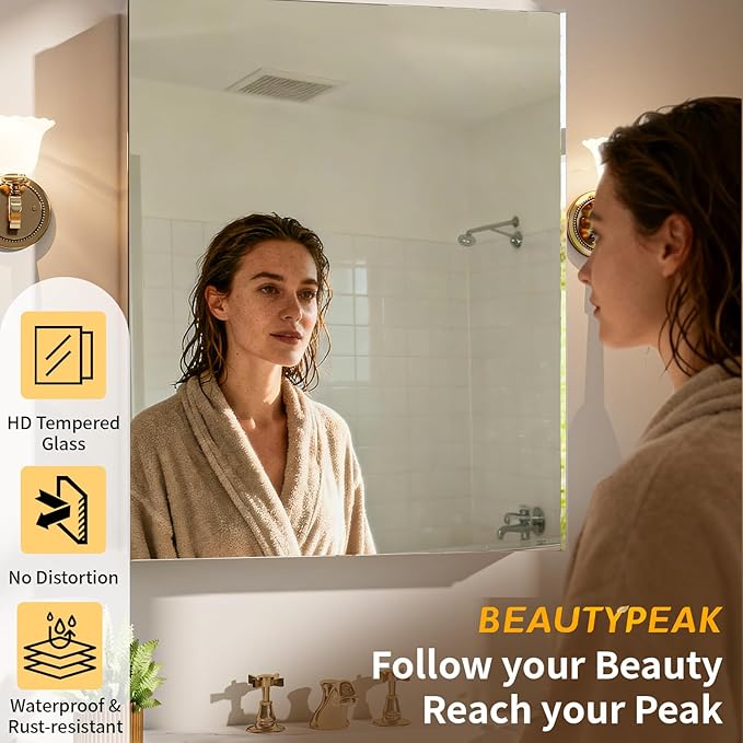 BEAUTYPEAK Bathroom Medicine Cabinet Mirror with Storage, 20 Inch x 24 Inch Silver Medicine Cabinet with Single Door & Adjustable Shelves for Vanity, Tempered, Aluminum Surface, Wall-mount or Recessed