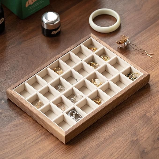 28-Grid Black Walnut Wooden Jewelry Tray with Velvet Lining, Premium Jewelry Display Tray for Earrings and Rings, Drawer Organizer Display Tray for Women's Jewelry Collection