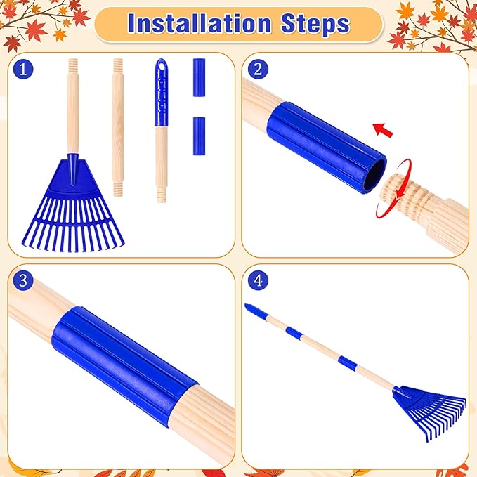 2 Pcs 35'' Kids Rakes for Leaves - Plastic Rake Head with 2 Pairs Kids Gloves, Small Kids Lawn Rakes Detachable Wooden Handle, Autumn Garden Tool Set for Kids Boys and Girls, Red & Blue, 3yr+