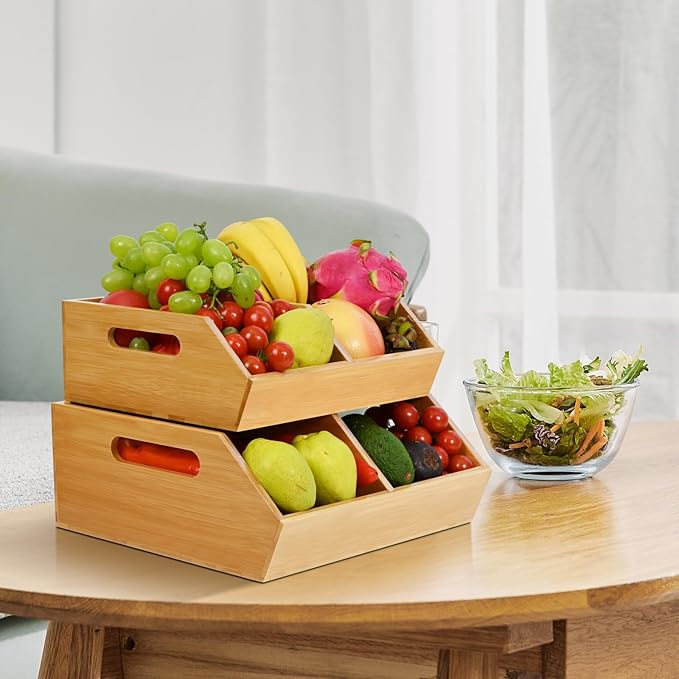 Ollieroo Bamboo Stackable Storage Bin, Pantry Organizer and Storage Baskets, Potato and Onion Kitchen Organizer, Kitchen Storage Containers for Produce, Fruit, Bread, Vegetable, Garlic, Pack of Two