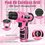 8V Cordless Drill, Drill Set with 3/8"Keyless Chuck, Built-in LED, Type-C Charge Cable, 12N.m, Variable Speed Trigger, Pink Electric Screwdriver for DIY- Women