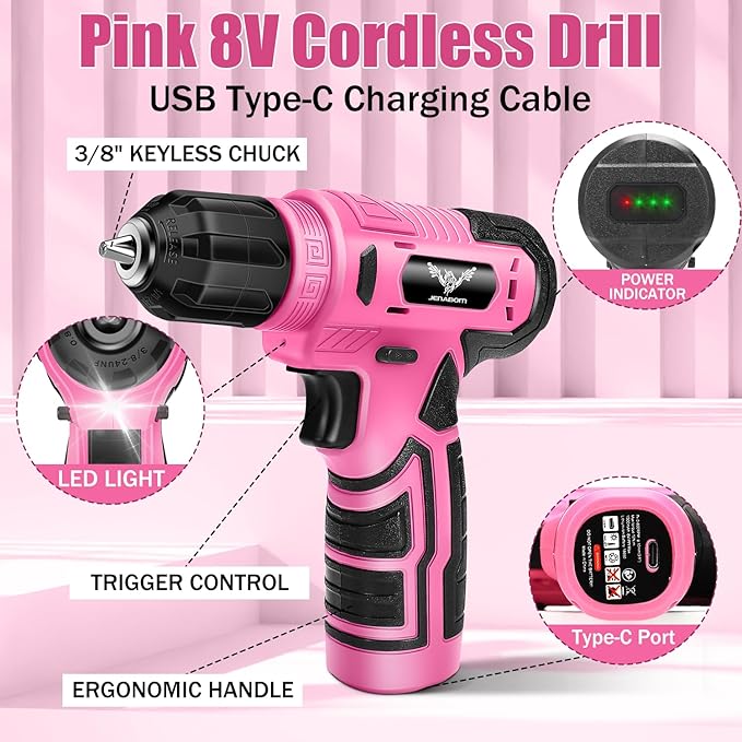 8V Cordless Drill, Drill Set with 3/8"Keyless Chuck, Built-in LED, Type-C Charge Cable, 12N.m, Variable Speed Trigger, Pink Electric Screwdriver for DIY- Women