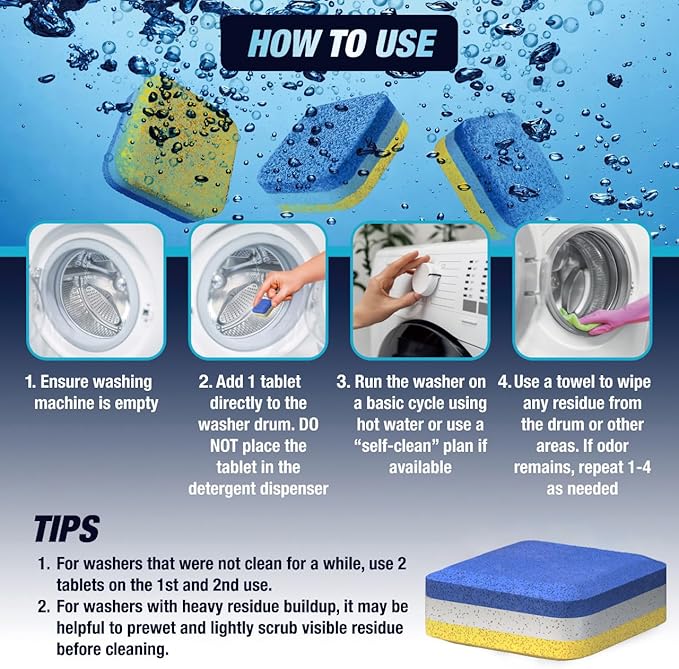 Washing Machine Cleaner Tablets 14 Pack for HE Front Load - Eco Friendly Washer Cleaning Tablets Formula - Pets Hair & Smell Solution - Septic Safe Descale Deodorize Protect - 1 Plus Year Supply