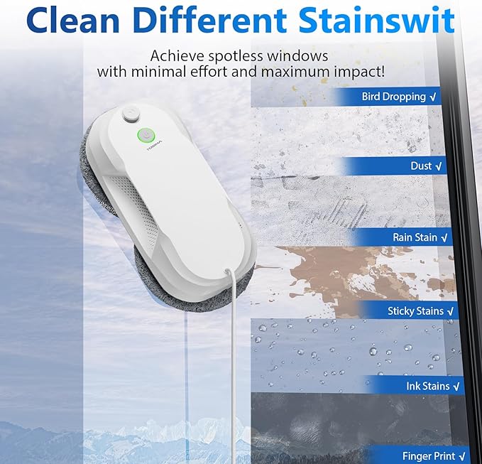 Tosima W5 Window Cleaning Robot, Dual Direction Auto-Spray Smart Window Cleaner with Triple Safety System, Smart Navigation, Remote Control, for All Smooth Surfaces, with 8 Rags, White