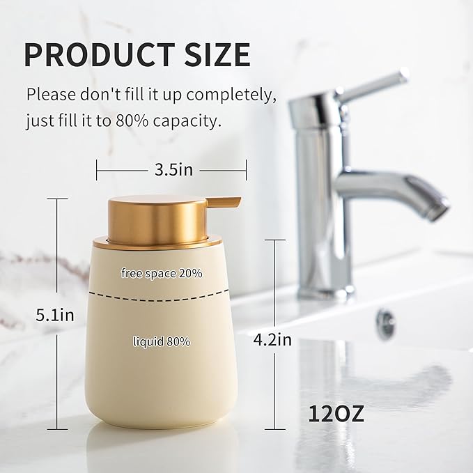 Enra Ceramic Soap Dispenser,12 oz Hand Lotion Dispenser with Gold Pump,Refillable Dish Soap Dispenser,Modern Liquid Soap Dispenser for Bathroom,Kitchen with Easy-to-Press Pump(Beige Liquid Glod Pump)