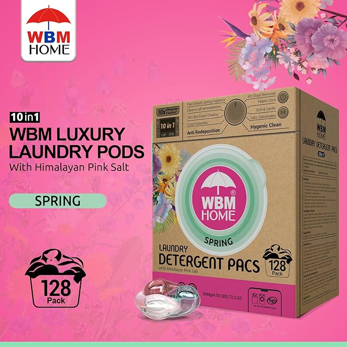 WBM Laundry Detergent Pods, Spring Fragrance Scent, 128 Count - HE Concentrated Laundry Pods With 10x Ultrapower Cleaning and 4D Laundry Stain Remover