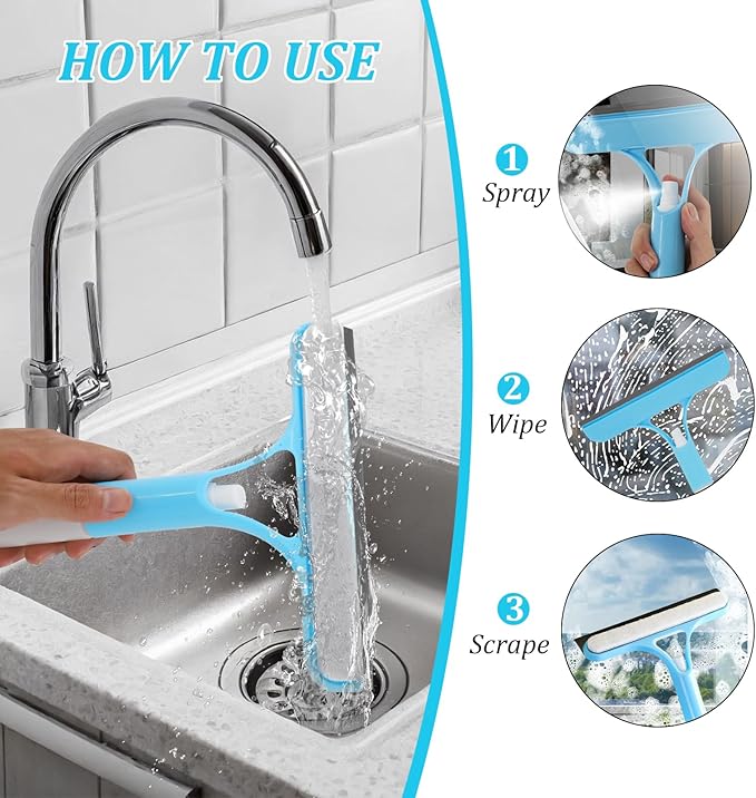 3 in 1 Window Squeegee with Sprayer, 3Pcs Spray Squeegee for Window Cleaning, All Purpose 3 in 1 Windows Cleaning Scraper, Glass Scraper Cleaner Tool for Car Home Windows Mirrors