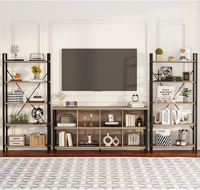 FATORRI 8 Cube Storage Organizer Bookshelf, Rustic Wood Cubby Bookcase, Industrial Horizontal Long Shelf for Living Room (Rustic Oak, 62 Inch)