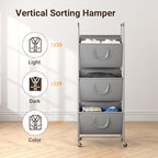 ELYKEN 120L Vertical Rolling Laundry Hamper with Removable Bags, 3 Section Laundry Baskets with Wheels, Space-Saving 3 Tier Laundry Sorter for Small Spaces, Dorm, Bedroom, Bathroom, Laundry Room