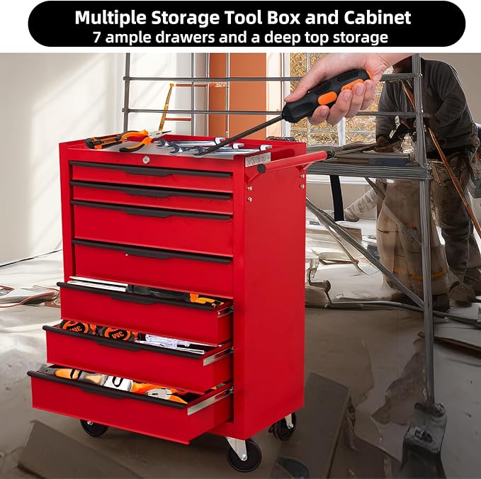 Tool Chest Cabinet, Large Capacity Metal Tool Box with Wheels and Cylinder Locking, Roll Around Storage Organizer Tool Cart for Garage, Redtool cabinets on Wheels (Red, 7-Drawer-Wheels)