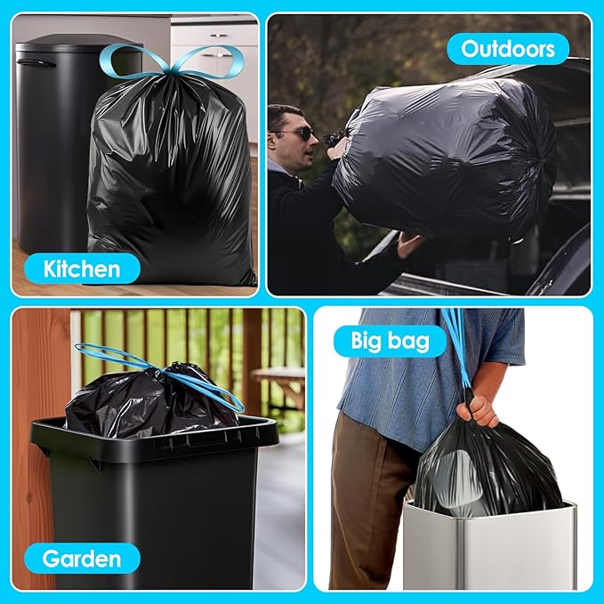 Teivio 15-16 Gallon 120 Counts Strong Tall Kitchen Drawstring Trash Bags, Medium Plastic Garbage Bags for Home Kitchen Garden Office Tall Trash Can, Black Waste Bin Liners