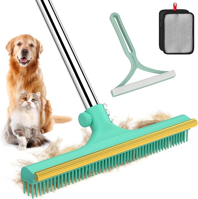 Carpet Rake for Pet Hair Removal - 60" Adjustable Long Handle Carpet Rake, 3 in 1 Reusable Pet Hair Removal Tool Kit, Cat Dog Fur Rakes Scraper Carpet Broom for Carpets, Rugs, Mats