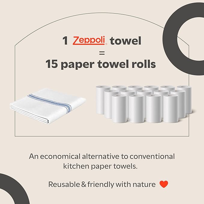 Zeppoli Classic Kitchen Towels - 45 Pack 100% Natural Cotton Towel Set, Reusable Wash Cloths, Absorbent Dish Towels, Machine Washable Hand Towels, Kitchen Essentials -14” by 25”, Blue Striped