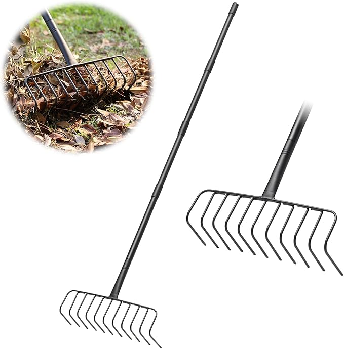 Garden Thatch Rake, 68" Heavy Duty Lawn Leveling Rake with 11 Stainless Steel Tines, Adjustable Long Handle Garden Tool for Loosening Soil, Cleaning The Leaves, Removing Thatch, Laying Sod