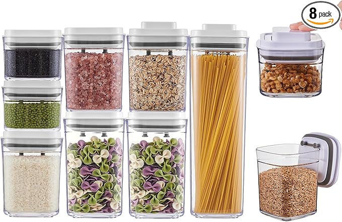 Pop Top Food Storage Container Set | 8Pcs Airtight Cereal Storage Organizer Canisters with Pop Lids, BPA-Free, Vacuum Seal & One-button Opening, Stackable Pantry Containers for Dry Food Storage