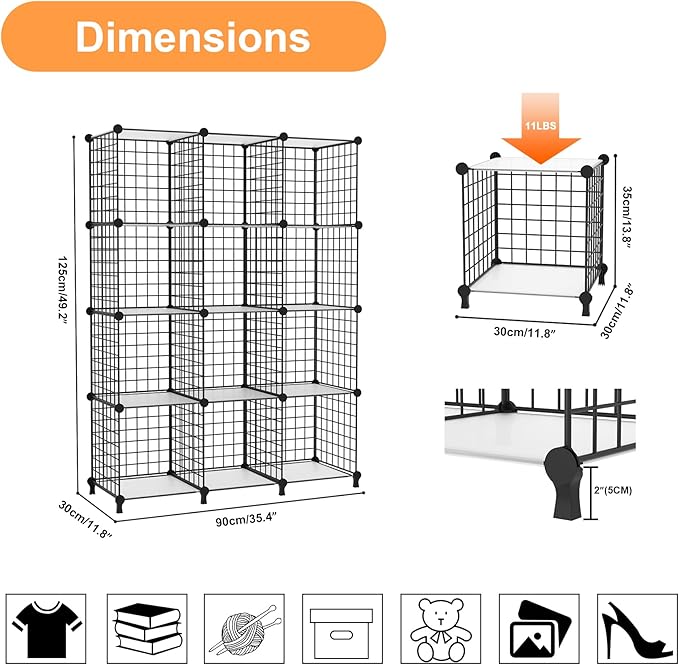 AWTATOS 12 Cube Storage Wire Closet Organizers DIY Stackable Storage Shelves Bookcase Cabinet for Home Office, Black