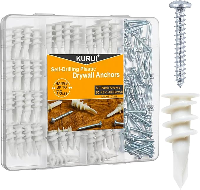 KURUI #8 Self Drilling Drywall Anchors with Screws Kit, Heavy Duty Dry Wall Anchors for Hanging Sheetrock, 50 Self-Tapping Plastic Drywall Hangers 50 Sheet Rock Screws, 100PCs Mounting Hardware -75LB